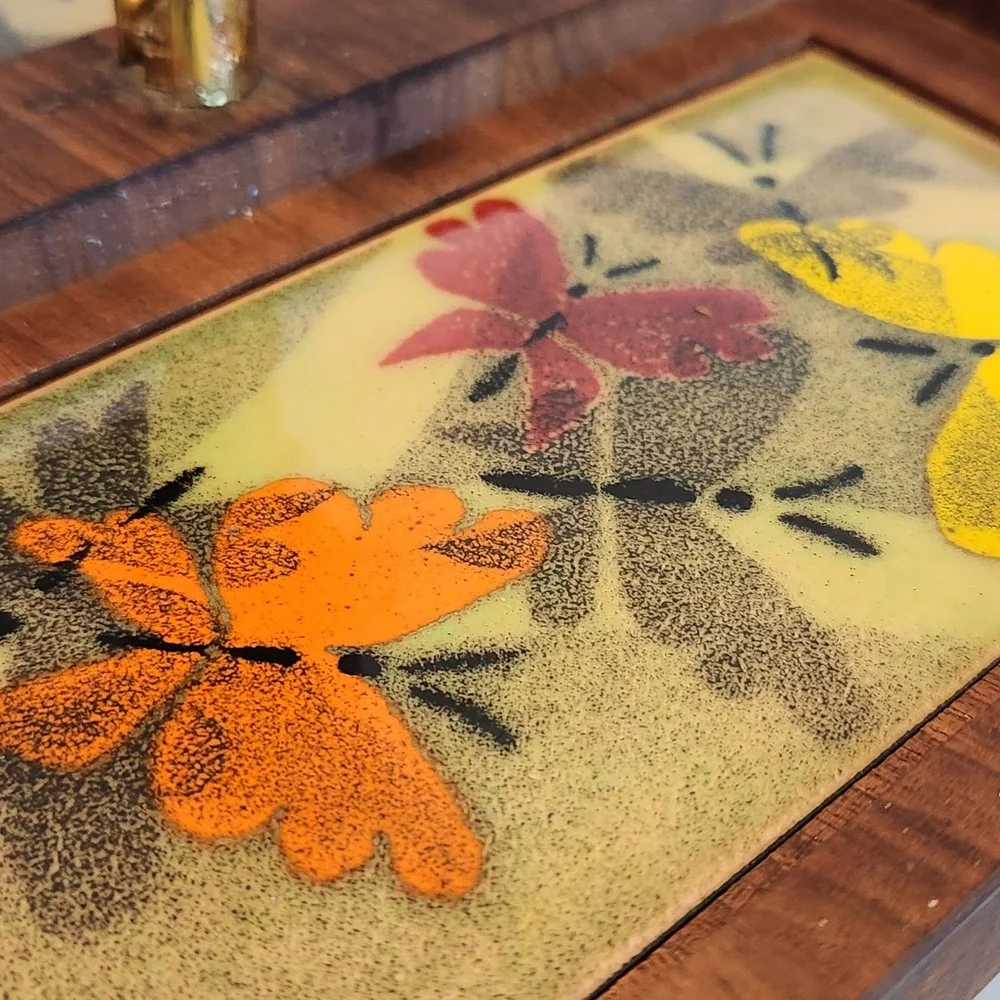Ernest Sohn Vintage MCM Doubke Relish Serving Tray Butterflies Wood Glass‎